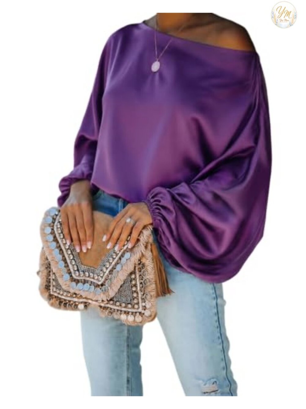 Satin Off Shoulder Top Skew Neck Lantern Sleeve Blouse Loose Fit Pull On